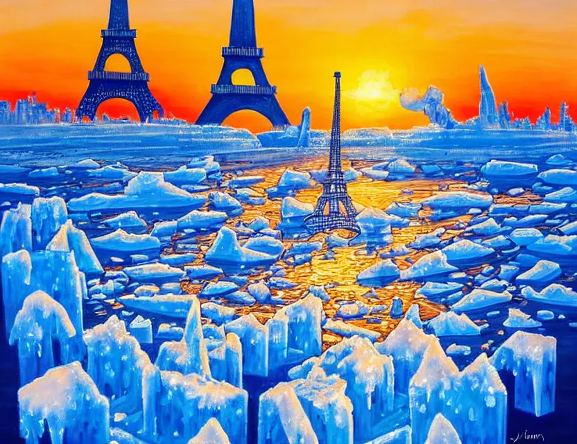 Prompt: a painting of a ice sculture like the eiffel tower in paris with melting ice on the skyline of paris on a very sunny bright summer sunset day, very hot and the ice is melting fast and people are swimming in the icecream in the style of james jean