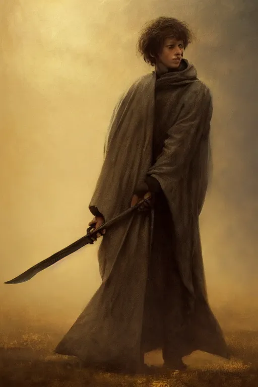 Prompt: breathtaking soft painting of young arthur rimbaud as a grim reaper, gauze cloak in a golden sky, books flying around, realistic symmetrical face features, rembrandt style, elegant, highly detailed, artstation, concept art, matte, sharp focus, art by tom bagshaw, and greg rutkowski
