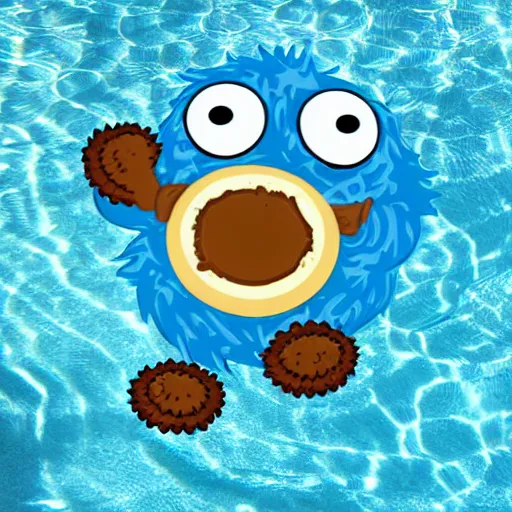 Image similar to cookie monster swimming in a pool