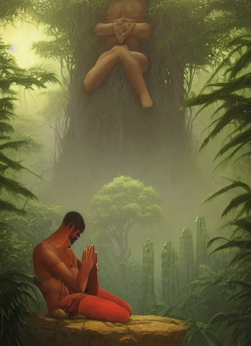 Prompt: an indigenous man sitting and praying in the jungle, while ghosts of his ancestors watch over him, art by christophe vacher
