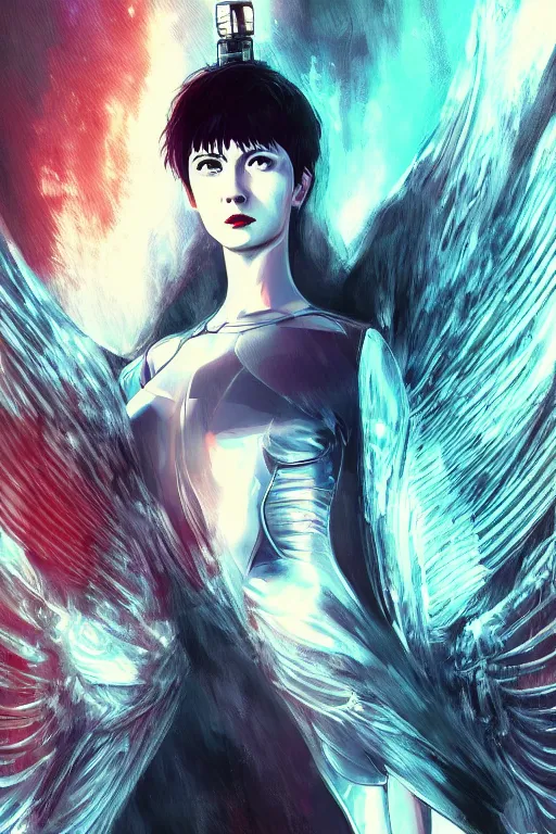 Image similar to white arc-angel with mystic robotic wings, blade runner, akira, ghost in the shell, 2077, ultra detailed, digital art, 8k ,character ,realistic, portrait, hyperrealistic