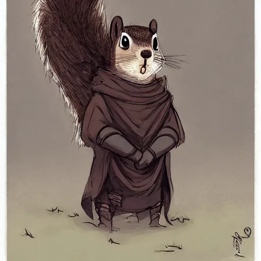 Prompt: Anthropomorphic squirrel in Cloak by rossdraws,greg rutkowski,and Sarah Andersen,ambient style, very detailed,detailed armor,detailed