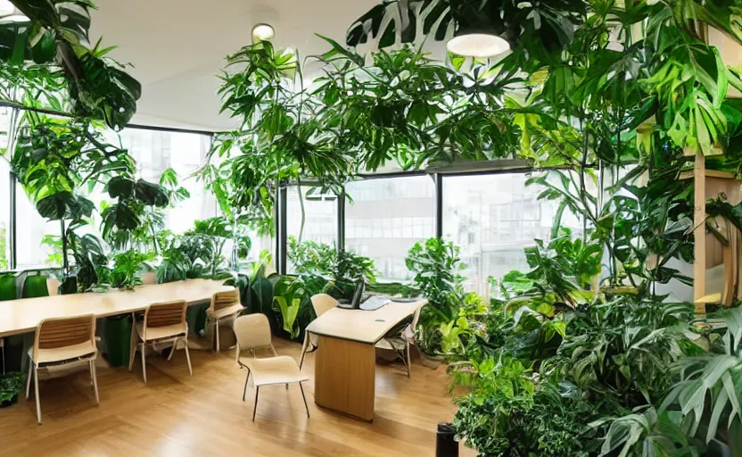Prompt: jungle themed office space interior, multiple desks, minimalism, green, wood, japanese design, natural materials, beige, cupboards, large windows to a lush green courtyard with trees, retro futurism, swedish design, feng shui