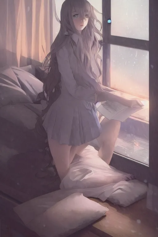 Image similar to a girl in a jk uniform outfit in the bedroom reading a book in a night, raining outside the window, dark and grey theme ， wavy white long hair, by krenz cushart and mucha and akihito yoshida and greg rutkowski and makoto shinkai, detailed eyes, 4 k resolution