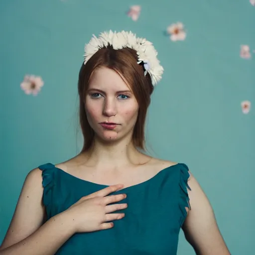 Prompt: a photograph of beautiful nordic woman wearing a white folkdrakt dress, she has a summer flower headband. against a teal studio backdrop. strong kodak portra 4 0 0 film look. film grain.
