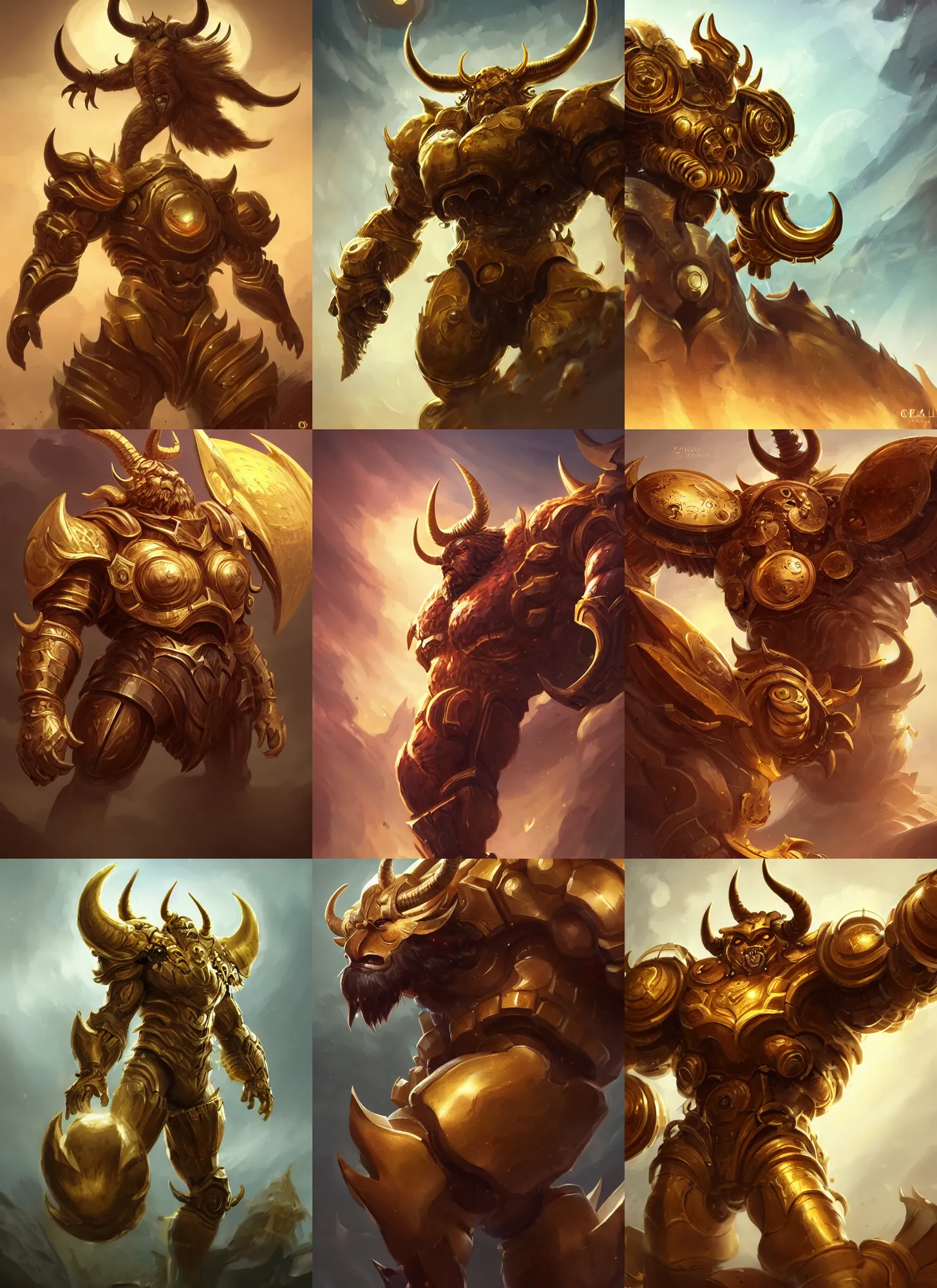 Prompt: a highly detailed illustration of gentle mighty colossal golden fighting horned mechanical titan, with cute doting eyes, intricate, elegant, highly detailed, centered, digital painting, artstation, concept art, smooth, sharp focus, league of legends concept art, wlop.