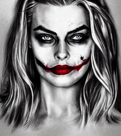 Image similar to tattoo design sketch of beautiful margot robbie portrait with joker makeup, in the style of den yakovlev, realistic face, black and white, realism tattoo, hyper realistic, highly detailed