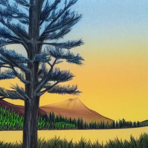 Image similar to a colored pencil drawing of a tree, a pond, mountain in background, sun rising behind mountains.