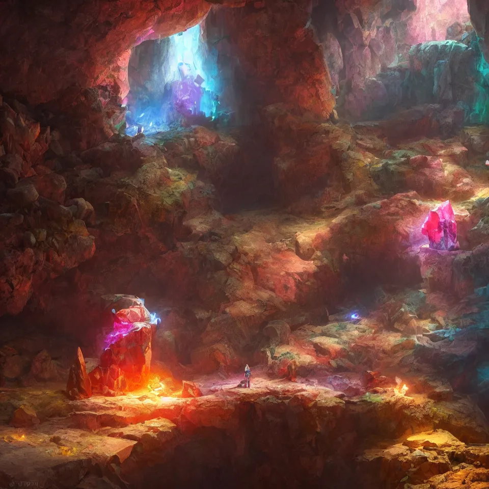 Prompt: a single crystal in a cave, colorful by greg rutkowski, painted by raymond swanland, digital art, octane render, 4k, unreal engine