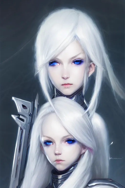 Image similar to perfect white haired girl, warframe armor, beautiful, dreamy, portrait, highly detailed, digital painting, trending on artstation, concept art, sharp focus, illustration, pretty face, blue eyes, sci - fi platform, front lit, laboratory, experiment, masterpiece, art by masayoshi tanaka, akihiko yoshida, kazuya takahashi