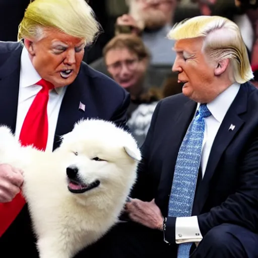 Prompt: donald trump petting samoyed dog,