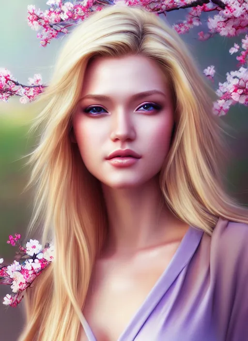 Image similar to photo of a gorgeous blonde female in the style of stefan kostic, realistic, half body shot, sharp focus, 8 k high definition, insanely detailed, intricate, elegant, art by stanley lau and artgerm, extreme blur cherry blossoms background