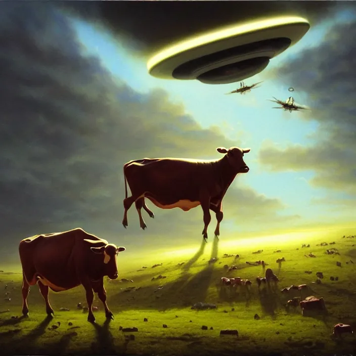 Prompt: ufo over the cow, oil on canvas, masterpiece, trending on artstation, featured on pixiv, cinematic composition, dramatic pose, beautiful lighting, sharp details, hyper-detailed, HD, HDR, 4K, 8K, art by Tim Hildebrandt and Wayne Barlowe and Bruce Pennington and ruan jia and larry elmore,