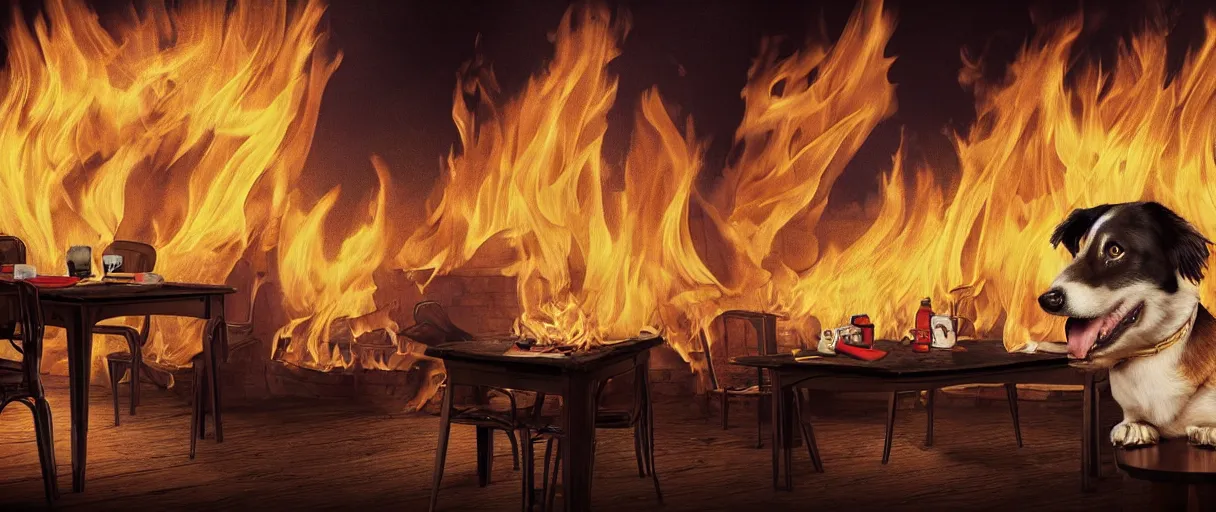 Image similar to a photograph (flash on) of a huge fire on a dining room in the background, in the foreground a relaxed anthropomorphic dog surrounded by flames, sitting on a wooden chair at a table (no fire at all there), there is a cup of coffee on the table, a lot of flames behind the dog, black smoke instead of the ceiling, no watermark