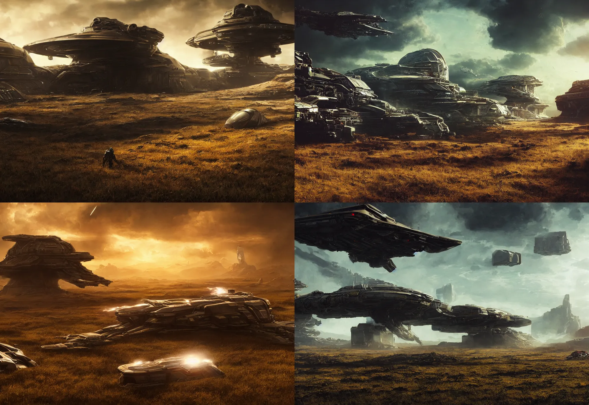 Prompt: neil blomkamp film landscape with itle detailed objects on ground spaceships, trending on artstation, hyper realistic, cinematic, perfect composition, golden ratio, realistic grass, realistic crash space ship in fire, realistic sky, physical correct realistic light shadow, photorealistic, color harmony balance, extremly realistic objects, light