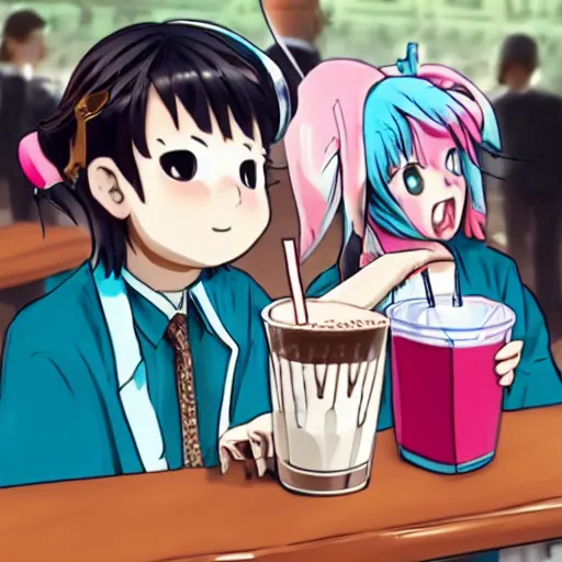 Prompt: Hatsuni miku drinking a milkshake with Mark Zuckemberg