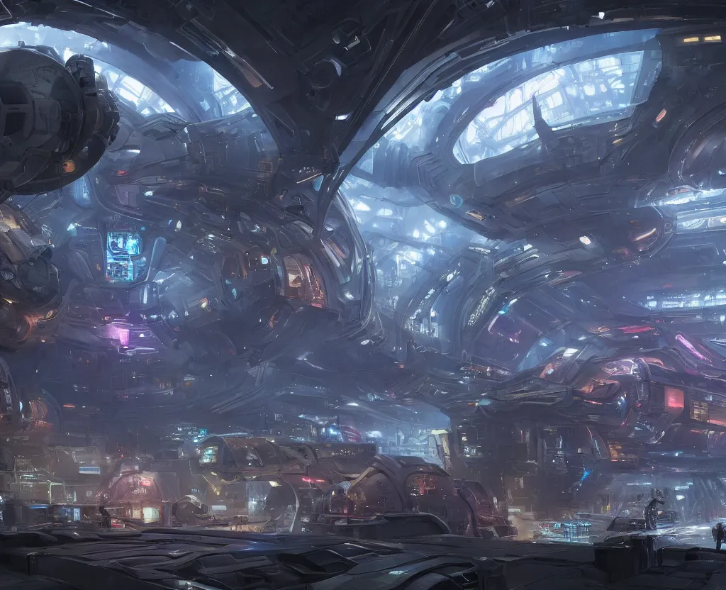 Prompt: the inside of a futuristic space dock, highly detailed interior, holographic screen in center frame by peter mohrbacher and craig mullins, dieselpunk, cyberpunk, firefly, star citizen, unreal engine, extreme detail, hyper realism, realistic shading, cinematic composition, realistic render, octane render, detailed textures, photorealistic