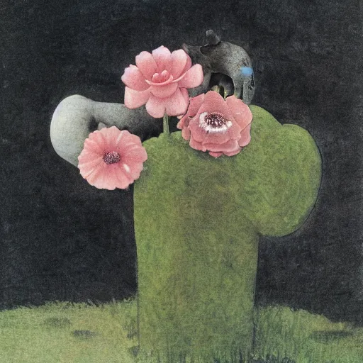 Image similar to earthy by maurice sendak, by dorothea tanning pitch black. a sculpture of a group of anemones in a vase