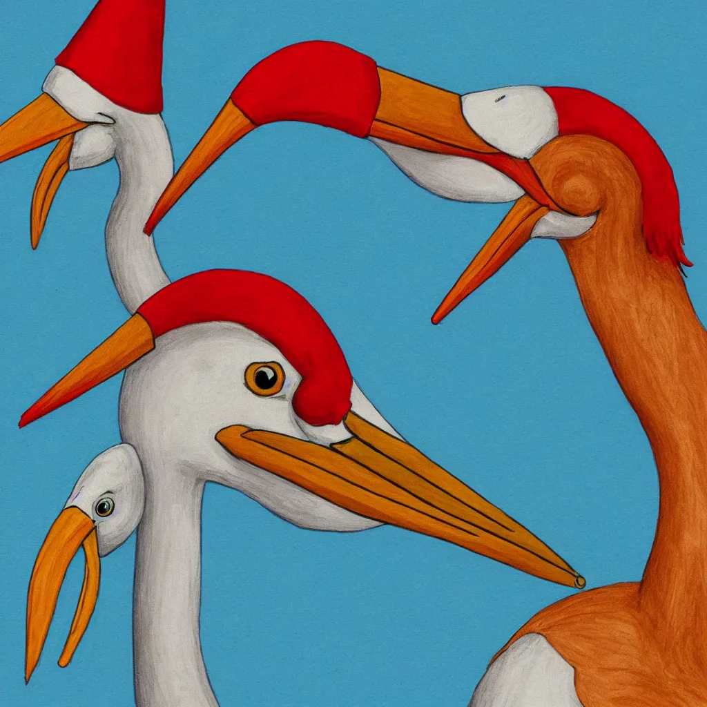 Prompt: artistic drawing of a stork with cylinder hat and cigar in the beak, colourful, very detailed, 4 k