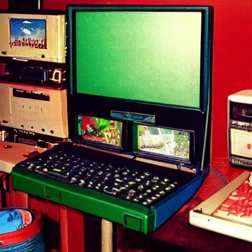 Image similar to photo of playing a computer game on an old black and green screen monitor in 1 9 8 5, ultima 4 adventure game, the room is dark and wide, cans of soda and cupcake packages scattered, atari joystick