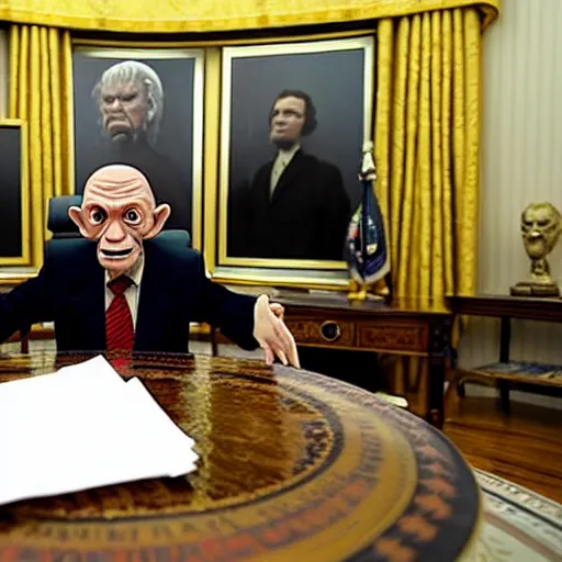 Image similar to president gollum giving a speech in the oval office