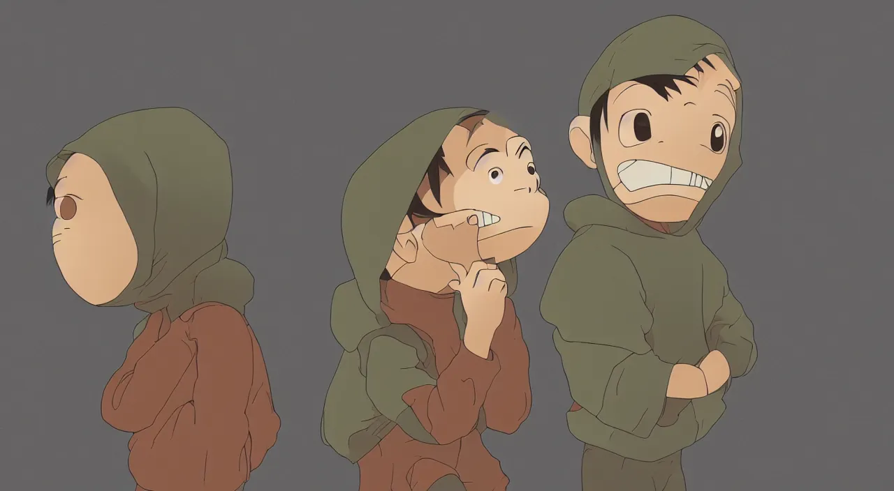 Prompt: (illustration) of A 3-d young hip ape kid wearing a hoodie, by Studio Ghibli, 8k, soft lighting, cartoon look, face enhance, sharp focus, concept art, smooth