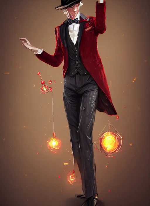 Prompt: a highly detailed illustration of stylish top hat wearing red haired attractive man, wearing suit vest, flashy card trick pose, intricate, elegant, highly detailed, centered, digital painting, artstation, concept art, smooth, sharp focus, league of legends concept art, WLOP