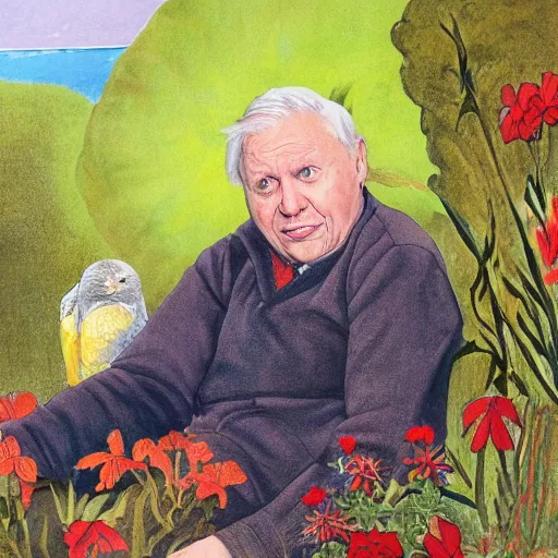 Image similar to Sir David Attenborough as Sungglepot in the style of May Gibbs,