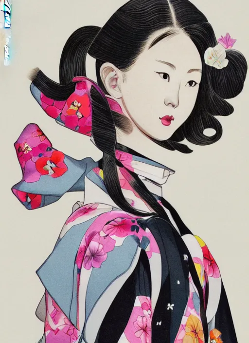 Image similar to a digital copic maker portrait of a japanese girl detailed features wearing a kimono latex suit wedding dress - harajuku fashion synthetic materials, by balenciaga and issey miyake by ichiro tanida and mitsuo katsui