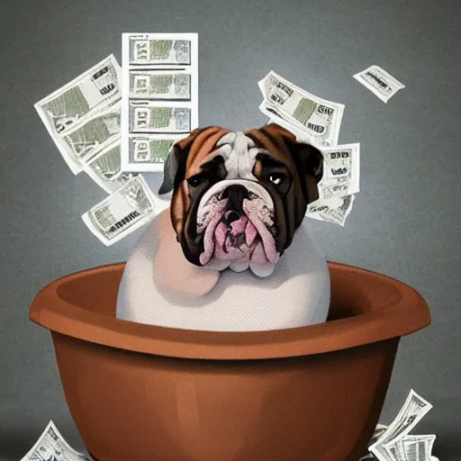 Image similar to english bulldog in bathtub with stacks of bills, artstation