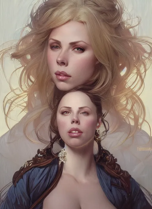 Image similar to beautiful portrait of blonde gianna michaels, by magali villeneuve and greg rutkowski and artgerm and alphonse mucha, intricate, elegant, highly detailed, photorealistic, trending on artstation, trending on cgsociety, 8 k, sharp focus