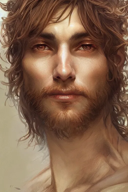 Image similar to up close portrait of a male wood fae, d & d, face, fantasy, intricate, elegant, highly detailed, digital painting, artstation, concept art, smooth, sharp focus, illustration, art by artgerm and greg rutkowski and alphonse mucha