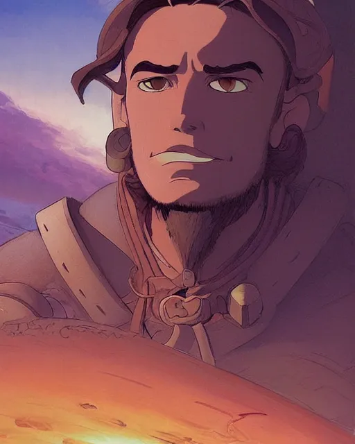 Image similar to portrait of a spanish conquistador, by daniel zrom and disney concept artists and masamune shirow and josan gonzales and studio ghibli, treasure planet movie still, treasure planet movie color scheme, symmetric, handsome