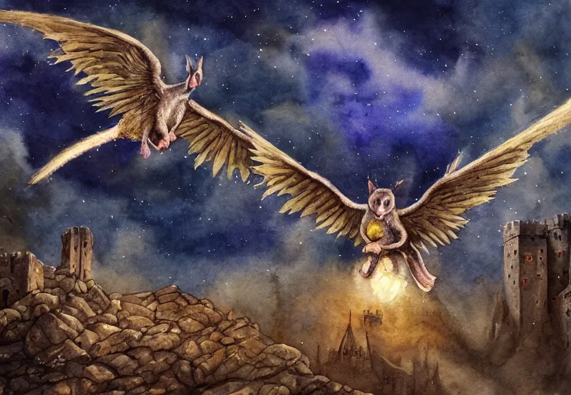 Prompt: legendary fire winged possum flying over a medieval forest castle at night under the dark starred sky, dark fantasy, watercolor, dreaming illusion, highly detailed, 4k, trending on Artstation