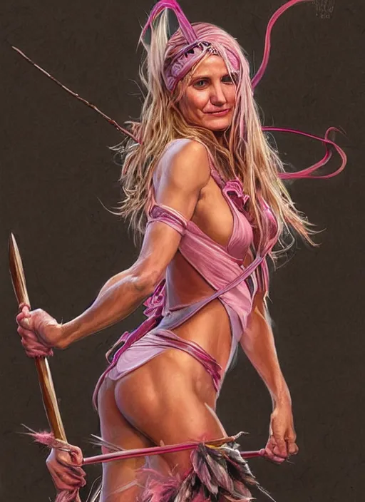 Prompt: serious looking Cameron Diaz as a ruggedly handsome heroine wearing pink feathers and wielding a glowing bow, intricate, elegant, tasteful, highly detailed, centered, digital painting, artstation, concept art, smooth, sharp focus, illustration, art by artgerm and donato giancola and Joseph Christian Leyendecker, WLOP