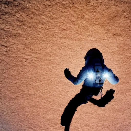 Image similar to photograph of an astronaut in space, singular light source from below, earth only visible below, darkness above, full body photo, amazing light and shadow contrast, 8 k