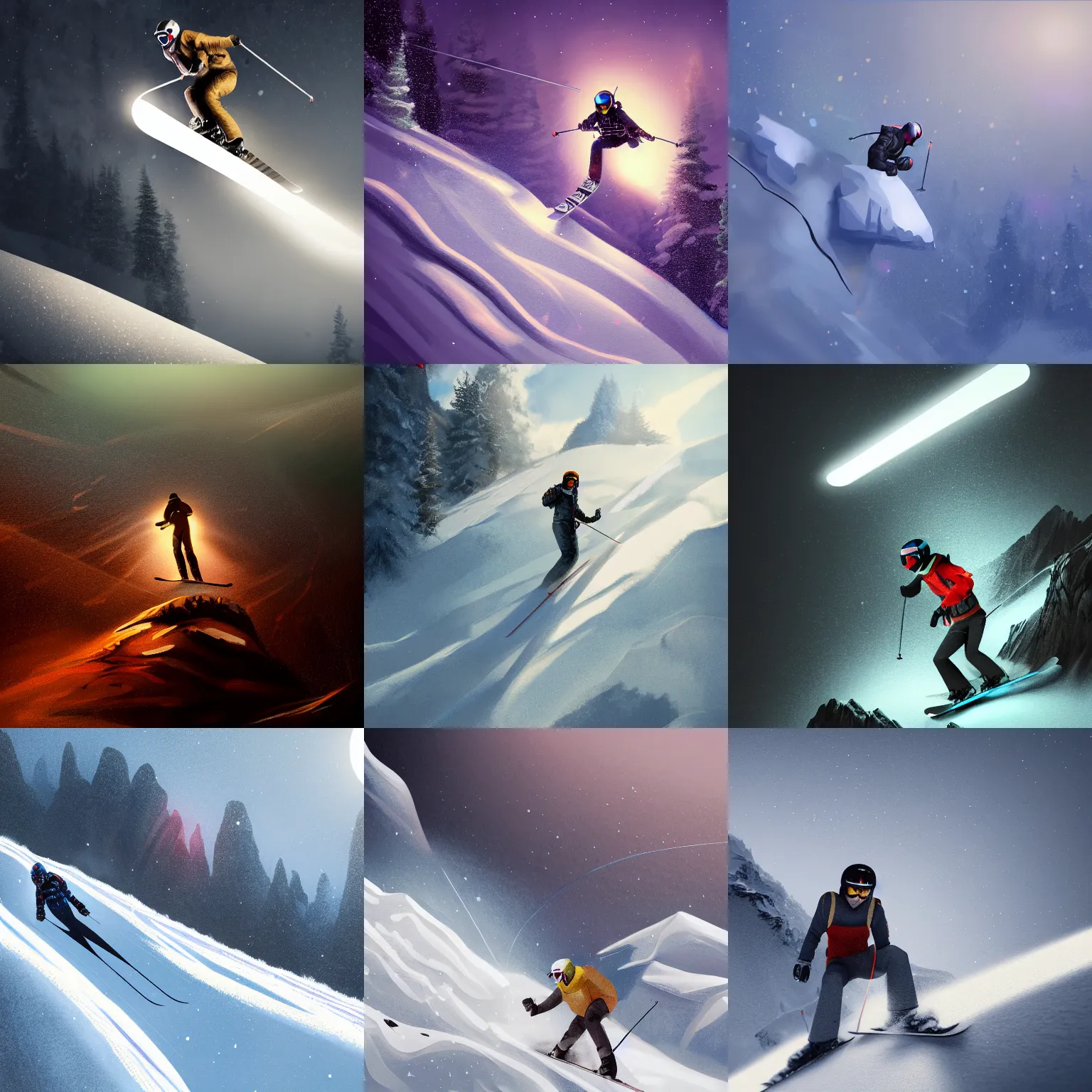 Prompt: cinematic shot of skier on a mountain slope light by spotlight mid - jump, cinematic, elegant, artstation, intricate, highly detailed, digital painting, artstation, concept art, sharp focus, illustration, cgsociety, 8 k