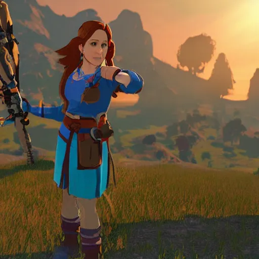 Prompt: pam beesly in breath of the wild, character render, full body shot, highly detailed, in game render