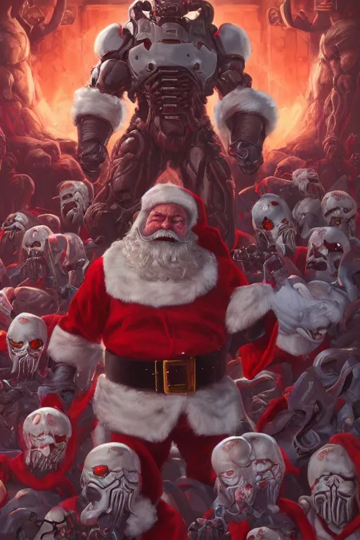 Prompt: ( doom ) cover featuring santa!! claus!! surrounded by demons, by jimmy presler, artstation, vivid gaze, blue eyes