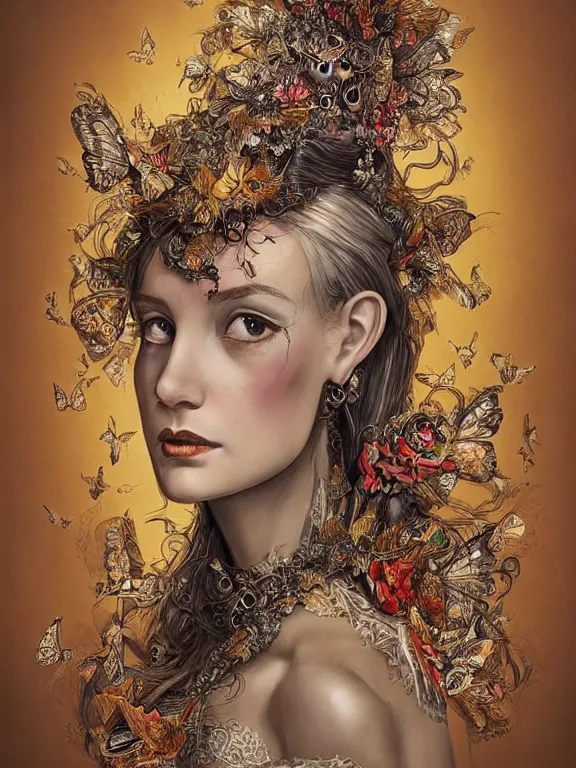 Prompt: a beautiful portrait render of young lady who has baroque dramatic headdress with intricate fractals of butterflies and tassels made of flower,by by Daveed Benito and Billelis and aaron horkey and peter gric,trending on pinterest,rococo,hyperreal,jewelry,gold,ruby,feminine,intricate,maximalist