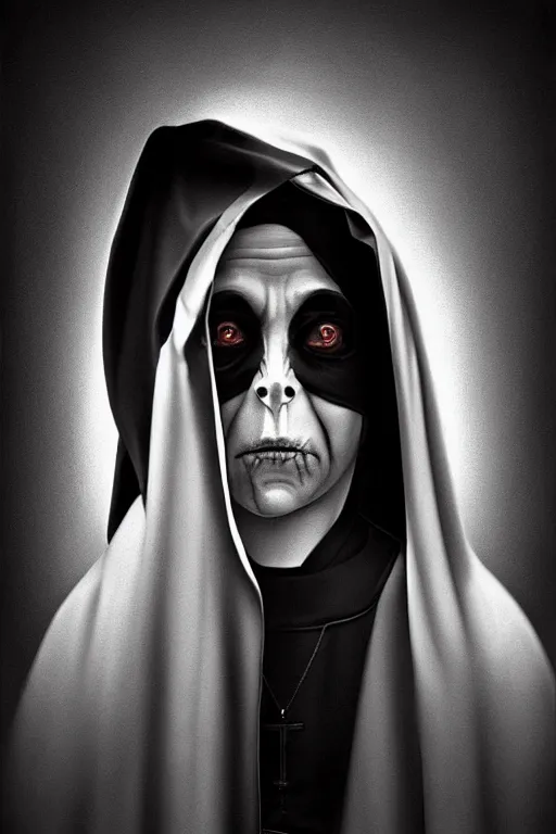 Prompt: portrait, digital painting, an evil nun, black habit, realistic, hyperdetailed, spooky, chiaroscuro, black background, concept art, art by grosz