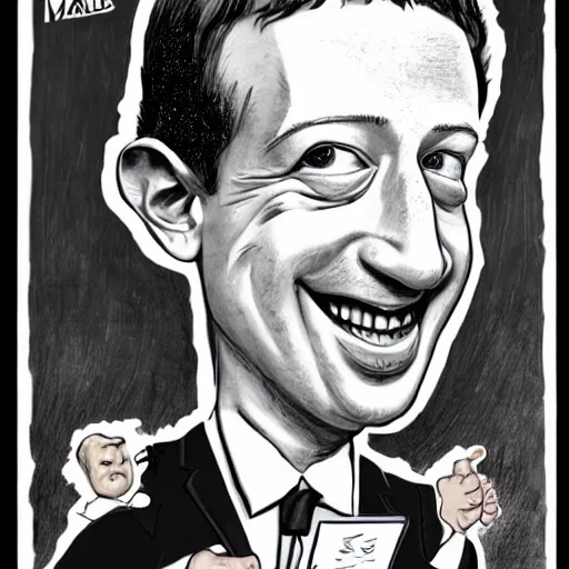 Prompt: a caricature portrait of Mark Zuckerberg drawn by Mort Drucker Mad Magazine