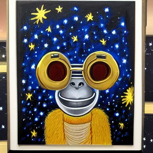 Prompt: a very detailed, 4 k painting of a monkey wearing golden headphones with shades looking up at the night sky filled with stars and galaxies