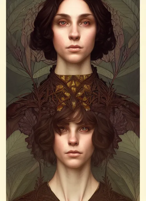 Image similar to symmetry portrait of welsh brunette student in mans tunic, tomboy, short hair, forest, intricate, elegant, highly detailed, digital painting, artstation, concept art, smooth, sharp focus, illustration, art by artgerm and greg rutkowski and fra angelico and alphons mucha