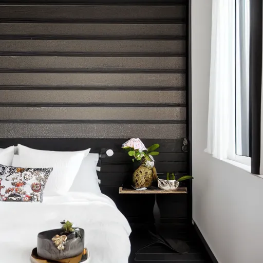 Image similar to bedroom, stone, interior design, stylish luxury hotel bedroom design, yakisugi, black vertical slatted timber, textures, feminine, black walls, art, Japanese pottery vase with flowers, kakejiku, seasonal, Japanese influences