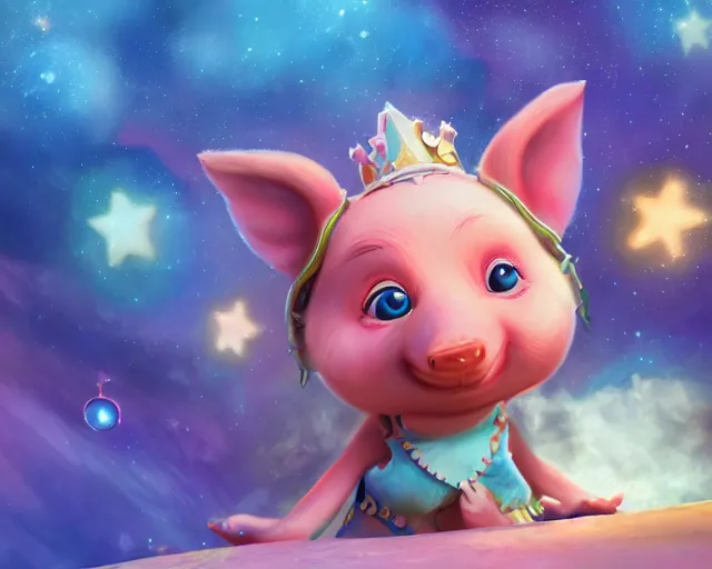 Prompt: 3D Fantasy Cute and adorable space piglet princess, huge adorable eyes, bright stars, Smooth 3D Illustration, soft render, Servando Lupini, Daniil Kudriavtsev, handpaint texture, Blender, 3DCoat