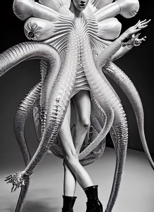 Image similar to walking down the catwalk, mert alas and marcus piggott, show, stage, vogue photo, podium, fashion show photo, historical baroque dress, iris van herpen, beautiful woman, full body shot, masterpiece, inflateble shapes, alien, predator, guyver, jellyfish, white biomechanical details, highly detailed