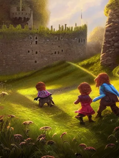 Image similar to children playing inside a meadow in the castle walls. intricate, elegant, highly detailed, digital painting, artstation, concept art, sharp focus, illustration, by justin gerard and artgerm, 8 k