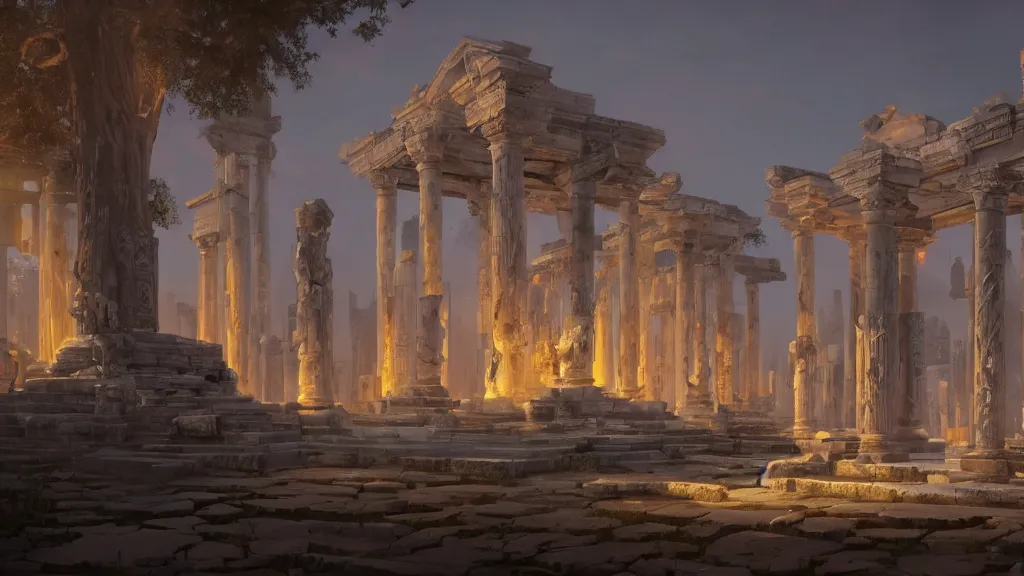 Prompt: ancient temple in ruins with impeccably clean white marble columns, glowing golden statues, by sylvain sarrailh, rossdraws, ambient light, ultra detailed, fantasy artwork, 8 k, volumetric lighting, trending on artstation, award winning, very beautiful.