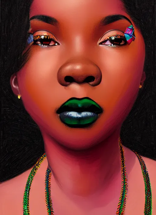 Image similar to portrait of a plump african woman with a crooked nose and a confident expression, 1 9 6 0 s, black clothes, goth, punk, brightly coloured hair, funk, intricate, elegant, highly detailed, digital painting, artstation, concept art, smooth, sharp focus, illustration, art by wlop, mars ravelo and greg rutkowski